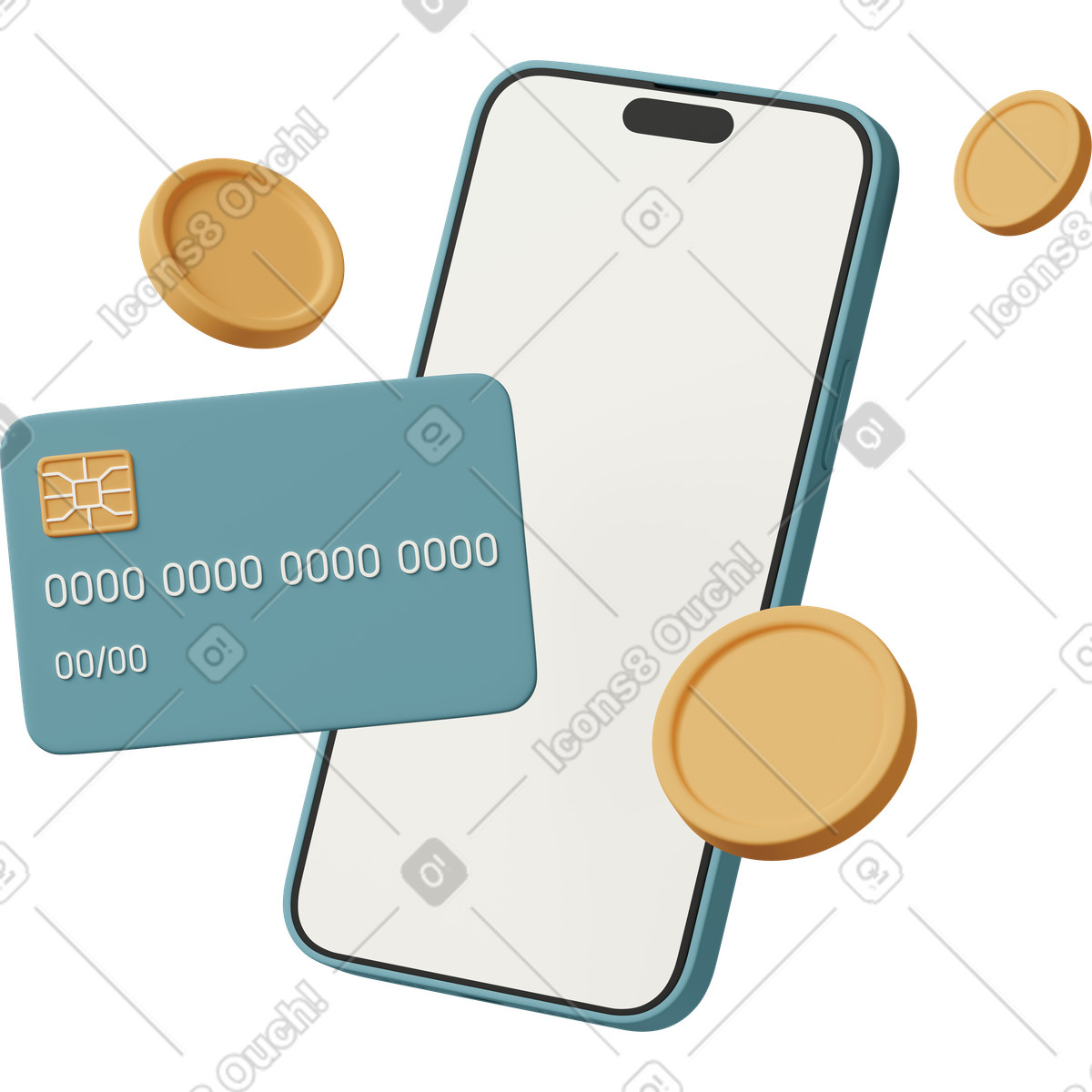 3D Casual life 스타일의 Mobile credit card and coins 일러스트레이션 PNG, SVG 다운로드