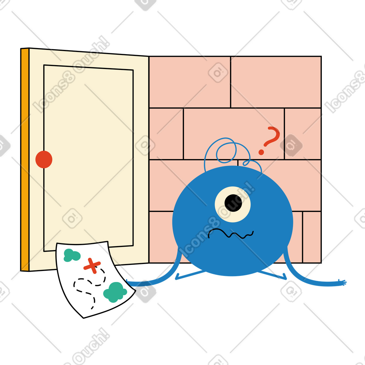 Confused character with map at bricked up doorway, Access failed or bad gateway-Illustration im Jelly-Stil als Download in PNG, SVG