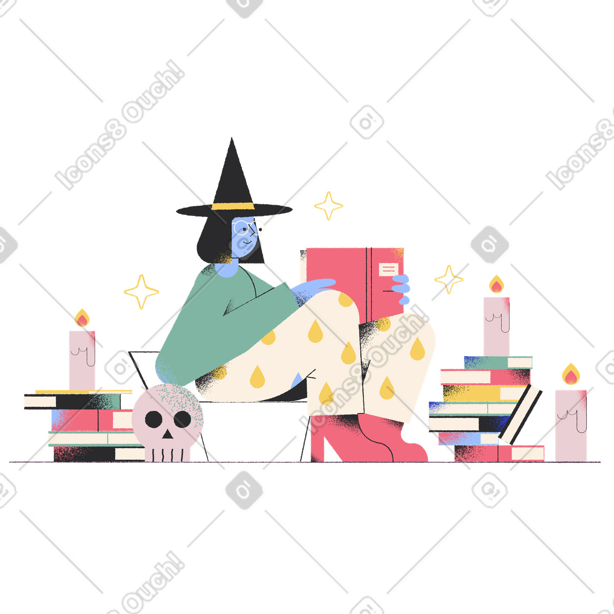 Young witch studying magic by books illustration in Pablo style download in PNG, SVG