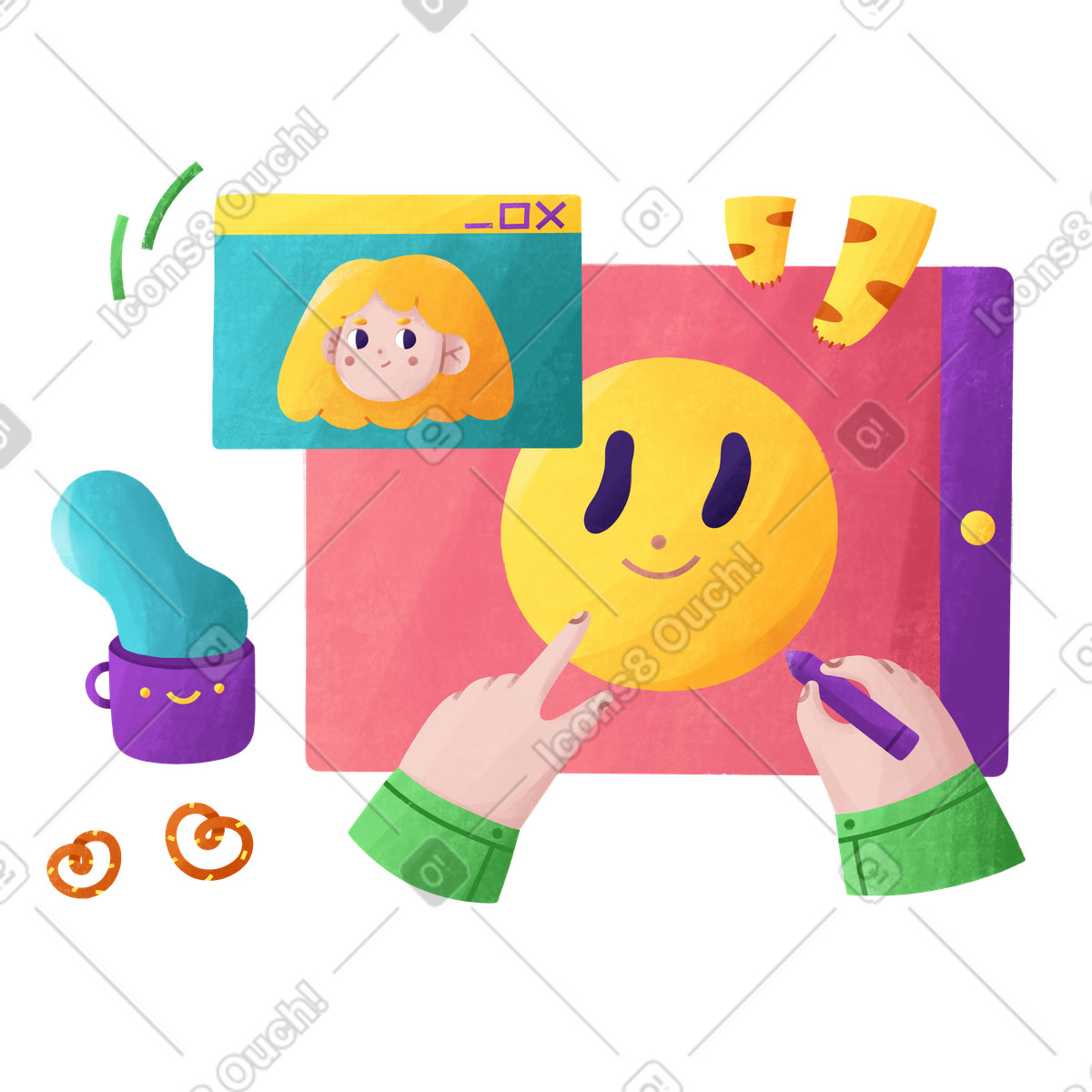 Coloring happy face with remote teacher on screen, Online learning for creative skills illustration in Bonbon style download in PNG, SVG