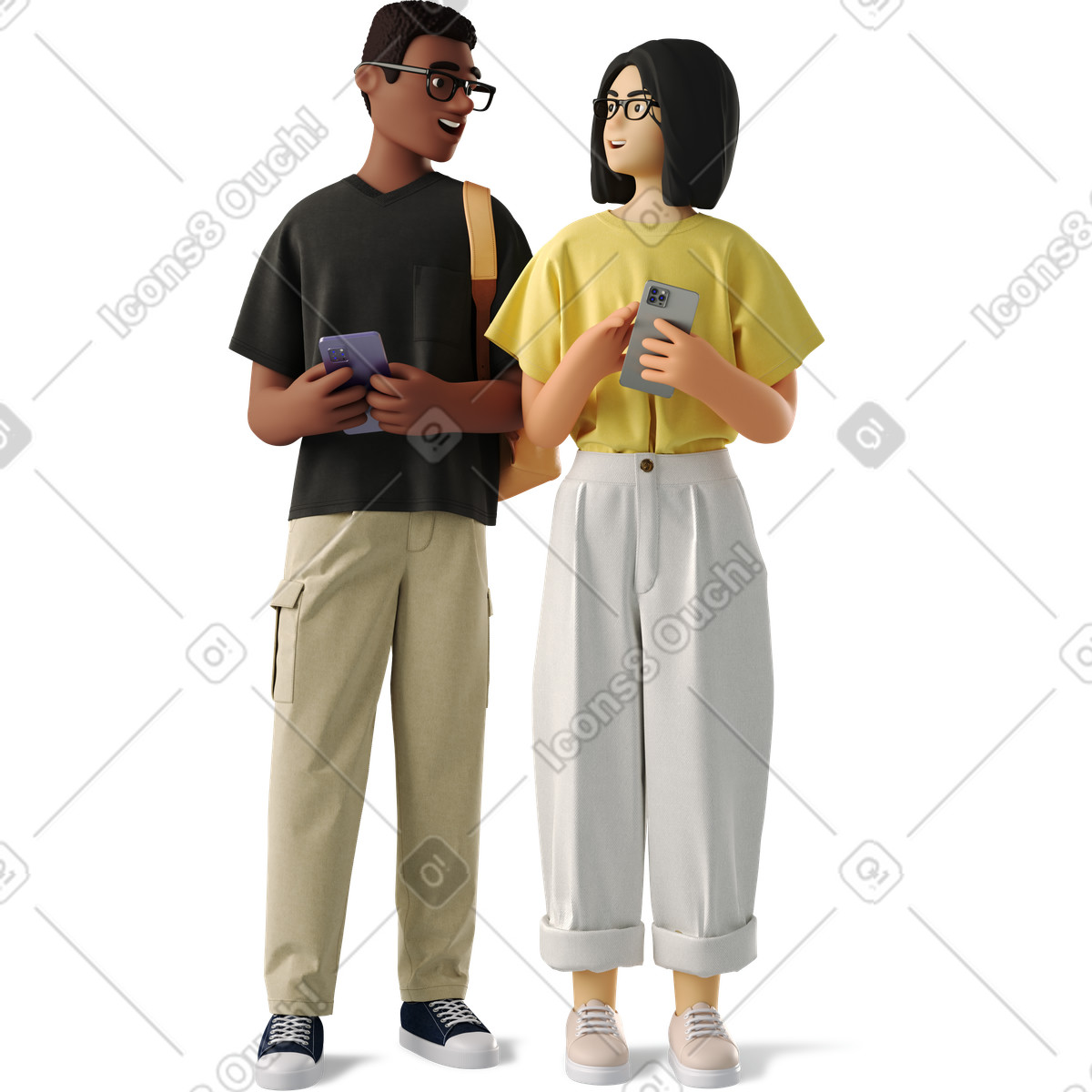 Man and woman students with phones illustration in 3D Business style download in PNG, SVG