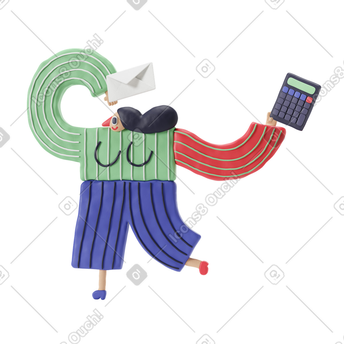 Illustration Femme comptable rebondissant joyeusement avec une enveloppe et calculatrice dans le style 3D Stripy à télécharger aux formats PNG, SVG