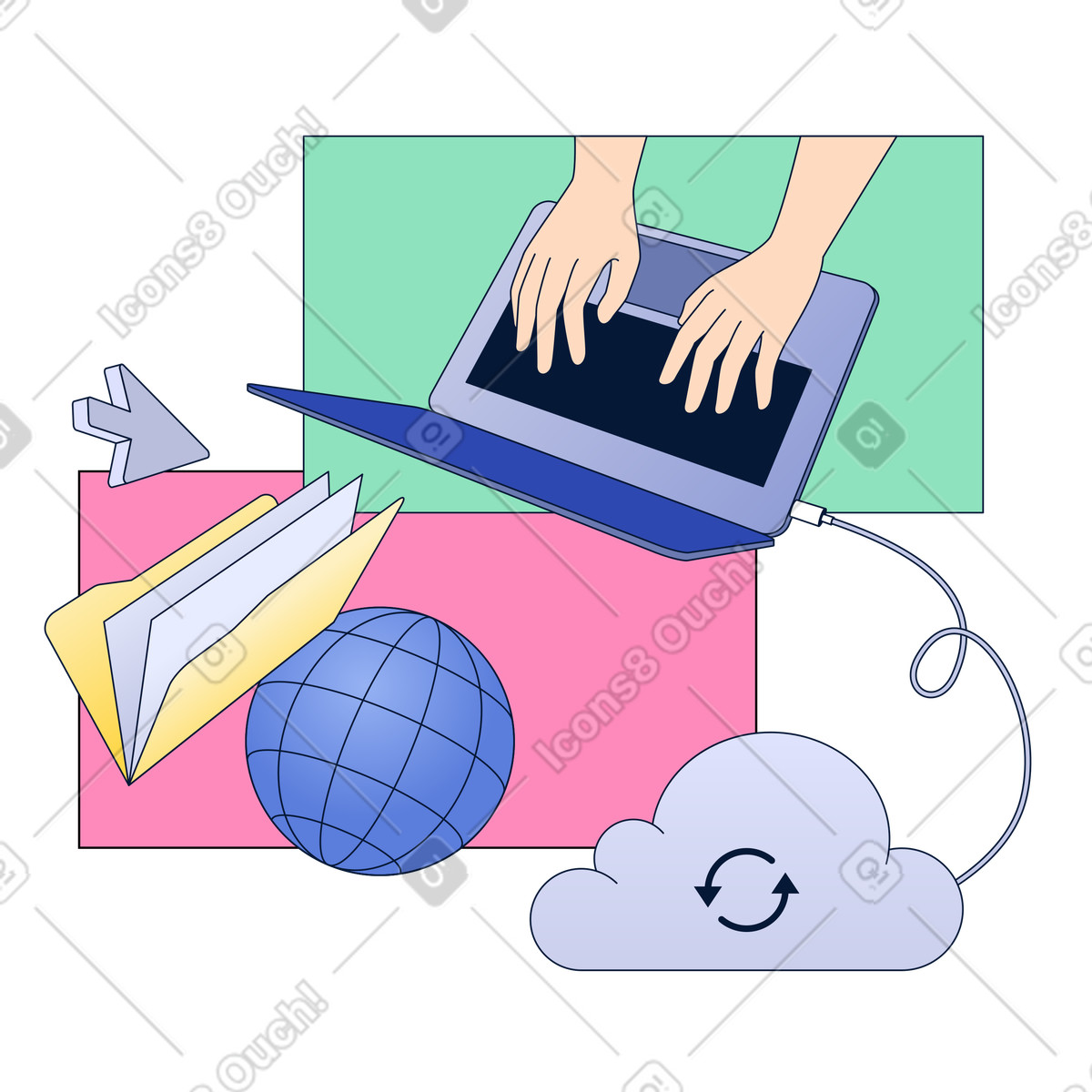 Lavorare online e utilizzare i servizi cloud illustrazione in stile Neat scarica in PNG, SVG