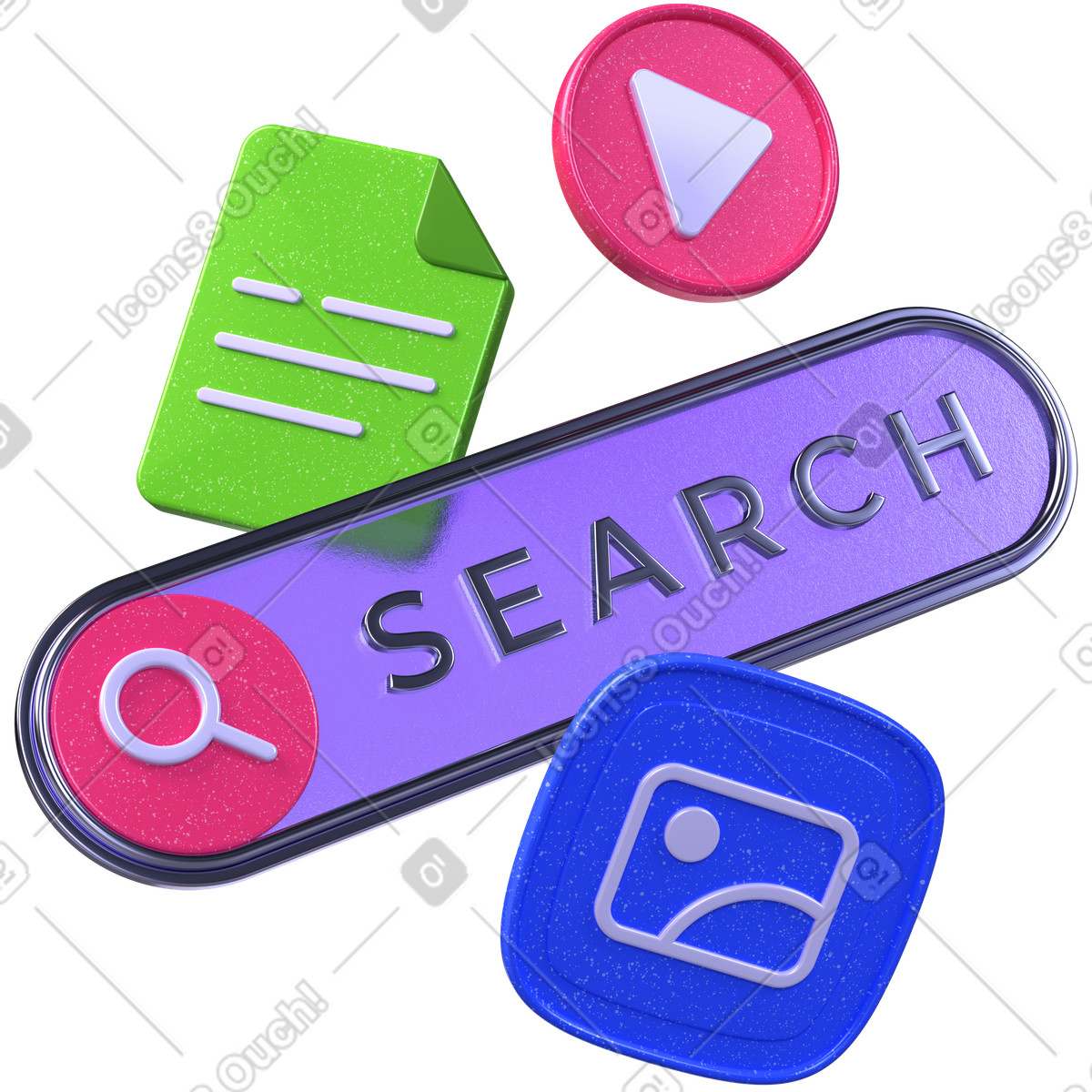 Illustration Recherche universelle, résultats multimédias, découverte de contenu dans le style 3D Boost à télécharger aux formats PNG, SVG