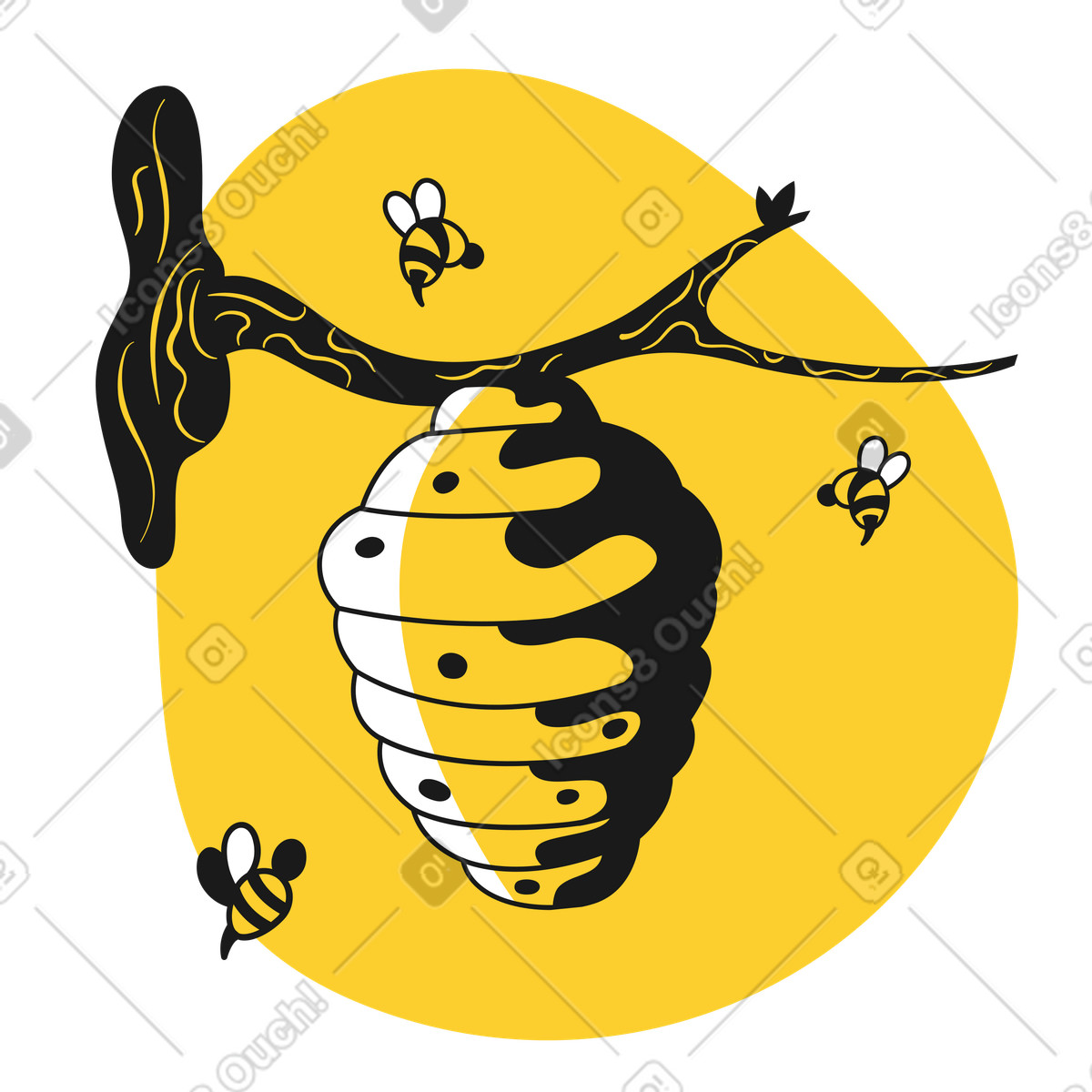 Api che volano intorno all'alveare sul ramo illustrazione in stile Taxi scarica in PNG, SVG