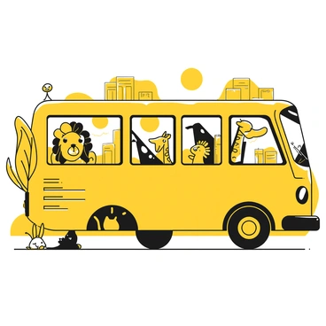 A bus in a city setting, with large windows through which various animals can be seen. Inside the bus, there are a lion looking intently at the passing scenery, a giraffe stretching its neck to see better, and a parrot fluttering its wings excitedly. A small rabbit sits near the front, its nose twitching as it watches the surroundings. The bus is painted in a playful design, and a bright sun can be seen shining in the sky above. Each animal has a unique expression of curiosity as they peer out the windows.