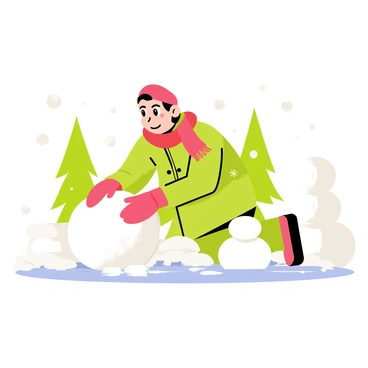 "Luigi" is wearing a red scarf and a thick green coat, complete with a matching red hat and thick gloves. He is kneeling in a snowy yard, rolling a large snowball to form the base of a snowman. The ground is covered in fluffy white snow, with patches of green grass peeking through in areas. Nearby, there are two smaller snowballs stacked on top of each other, ready to be formed into the snowman's body. A few pine trees are visible in the background, dusted with snow. Flakes are gently falling from the overcast sky, adding to the wintry atmosphere.