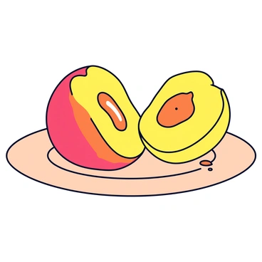 A nectarine sliced in half, showing its vibrant orange flesh and glistening juice. The inside of the fruit reveals a smooth texture and a small pit at the center. The outer skin is a combination of red and yellow hues, with a slightly glossy finish. The halves are positioned on a light-colored plate, with droplets of juice pooling beneath them.