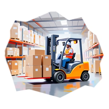 A forklift with a bright yellow color is lifting several cardboard boxes stacked neatly. The warehouse is spacious with high ceilings, and the interior is well-lit, showcasing the organized layout. Rows of shelves filled with various goods line the sides of the warehouse, while the floor is clean and orderly. The forklift operator, wearing a safety vest and a helmet, is focused on maneuvering the vehicle carefully. The scene conveys a sense of efficiency and productivity in a bustling warehouse environment.