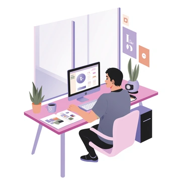 A digital flat illustration of a designer sitting at a modern desk with a computer. The designer is focused on the screen, creating a logo. The designer has light skin and short black hair, dressed in a casual blue shirt and black jeans. Next to the computer, there is an open sketchbook with various logo designs and color swatches spread out. A potted plant sits on the corner of the desk, and a coffee mug with a logo is placed beside the computer. The background features a large window allowing natural light to illuminate the workspace, with some design posters hanging on the wall.