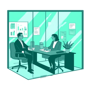 A teal glass-walled office features a manager sitting at a desk, facing an employee with a notepad. The manager is wearing a formal outfit and has an attentive expression, while the employee, dressed in business casual attire, looks engaged and is taking notes. Sunlight filters through the glass, casting soft shadows on the modern furniture. A potted plant sits on the desk, adding a touch of greenery to the professional environment. The room is organized, with a wall-mounted whiteboard in the background, showcasing charts and notes.