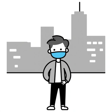 A cityscape featuring tall buildings shrouded in a layer of gray smog. In the foreground, a person is standing with a concerned expression, wearing a blue protective mask. The person has short dark hair and is dressed in a light gray jacket and dark jeans. The buildings behind them are various shades of gray, with some windows partially visible through the haze.