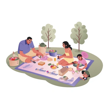 A family picnic is set on a sunny day in a vibrant park. In the center of the scene, there is a large blanket patterned with "Bajaj Allianz Life Insurance" logos, prominently displayed in bright colors. Around the blanket, a family of four enjoys their time together. The father, with short dark hair and wearing a blue polo shirt and beige shorts, is preparing sandwiches. The mother, with long wavy hair and wearing a yellow sundress, is pouring juice into cups. A young girl with curly hair and a pink t-shirt is playing with a frisbee nearby, while a boy with short hair wearing a green cap is lying on the blanket, looking at a book. There are picnic baskets filled with fruits and snacks scattered around, and a few trees with green leaves are in the background.