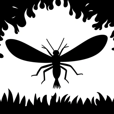 A locust in striking silhouette, its wings spread wide and antennae extended, is positioned prominently in the center of the image. The background is filled with an expansive sky, transitioning from deep dark to fiery patterns, creating a sense of drama. The edges of the locust are sharply defined against the bright backdrop, emphasizing its intricate body structure. The atmosphere is dynamic, suggesting movement, as the locust appears ready to take flight into the vastness of the sky.