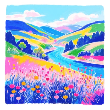 A scenic landscape features lush green hills that roll gently into the distance. A flowing river winds through the hills, its surface reflecting the vibrant colors of the surrounding nature. On the banks of the river, clusters of trees provide shade, their leaves a deep green. In the foreground, wildflowers bloom in various colors, adding to the richness of the scenery. The sky above is bright and clear with a few fluffy white clouds scattered across it.