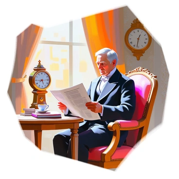 A historical figure with a distinguished appearance, wearing a tailored suit typical of the 19th century, is seated in a richly decorated parlor. The room features ornate wallpaper and a large window with heavy drapes. Sunlight filters through, casting warm light across the space. The figure holds a newspaper with visible headlines, attentively reading. A wooden table beside him holds a teacup and a small stack of books. An antique clock hangs on the wall, emphasizing the period setting.
