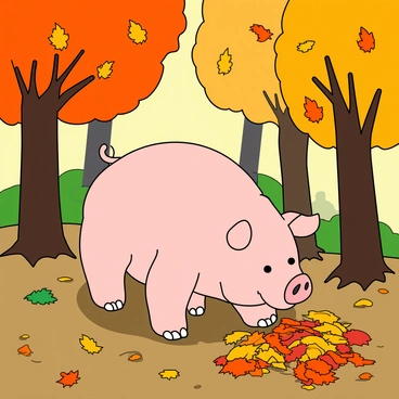 A curious pig with a light pink snout and small, bright eyes is wandering through a colorful autumn forest. The pig has a round body covered in soft, coarse hair. Surrounding the pig are trees with vibrant orange, yellow, and red leaves, some of which are gently falling to the ground. The forest floor is a patchwork of colorful leaves, and the sunlight filters through the branches, creating dappled shadows. The pig is sniffing a pile of leaves with an inquisitive expression on its face, showcasing its playful nature.