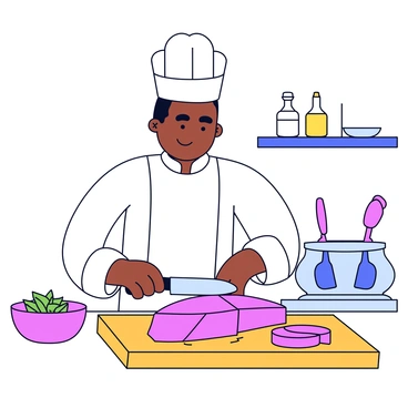 A chef wearing a white uniform and a tall chef's hat is standing at a wooden cutting board in a bright kitchen. The chef has a focused expression while expertly slicing a fresh tuna fillet with a sharp knife. The fillet is a vibrant pink color, glistening under the kitchen lights. In the background, there are various kitchen utensils and a bowl of fresh herbs on the counter. A cutting board is positioned in front of the chef, and a few slices of the tuna are neatly arranged next to the fillet.
