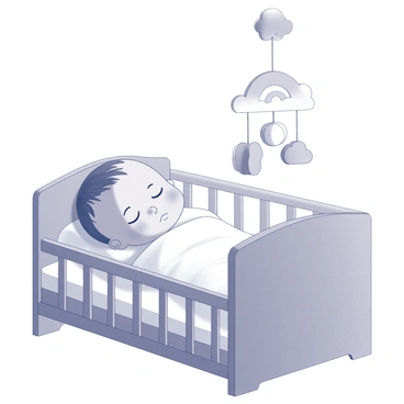 A baby sleeping peacefully in a crib. The baby is swaddled in a soft blanket, with a serene expression on their face. Above the crib, there is a mobile featuring various shapes, including "clouds" and "rainbows." The mobile is suspended from the ceiling, gently swaying, creating a tranquil atmosphere. The surrounding environment is cozy, with soft lighting illuminating the scene and creating a sense of comfort.