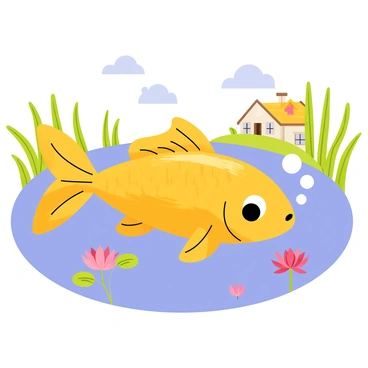 An illustrated scene from a folklore story featuring a "wise old carp" swimming gracefully in a clear blue pond. The carp has shimmering scales in shades of gold and green. Surrounding the pond are lush green reeds and colorful water lilies. Above the pond, a soft blue sky with fluffy white clouds can be seen. In the background, hints of a traditional village with thatched-roof houses and trees add context to the setting. The wise old carp is depicted with large, thoughtful eyes, and bubbles rise as it swims, suggesting its deep wisdom.