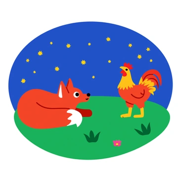 A red fox lying comfortably on a green hill, gazing up at a starry night sky filled with twinkling stars. The fox has bright, curious eyes and its fluffy tail curled around it. Nearby, a proud rooster stands, fluffing its vibrant feathers, showcasing shades of red, orange, and gold. The rooster's comb is bright and prominent, contrasting against the darkening sky. The hill is gently sloped, adorned with patches of grass and a few small wildflowers.