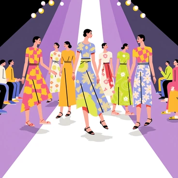 A vibrant runway with spotlights illuminating the scene. Several models walk confidently down the runway, each wearing flowing garments made from various unique textile patterns. One model showcases a dress in bold geometric prints with swirling colors, while another displays a gown featuring intricate floral designs. The garments billow elegantly as the models move, emphasizing the textures and patterns of the fabrics. The audience is seated on either side of the runway, captivated by the fashion display.