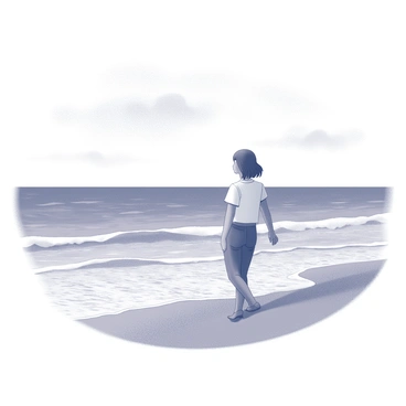A figure stands at the water's edge, their feet partially submerged in the gentle waves. The shoreline is defined by smooth sand, and the water extends towards the horizon. The figure has their arms relaxed at their sides, gazing out towards the vast expanse of the sea. The sky above is filled with soft, wispy clouds, and the light reflects subtly off the water's surface. The waves are calm, creating a rhythmic pattern as they lap at the shore.