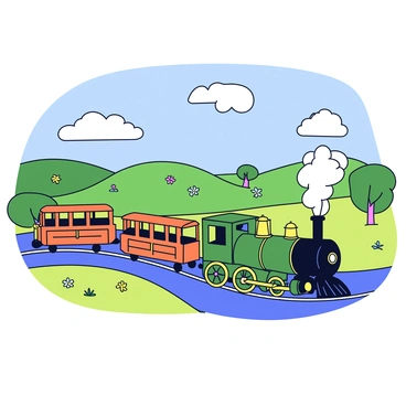 A vintage steam train with a dark green and black exterior is traveling along a winding track. The locomotive emits a soft plume of white steam from its chimney. The train is pulling several wooden passenger carriages adorned with brass railings. In the background, a picturesque countryside landscape features rolling green hills dotted with colorful wildflowers. A bright blue sky is visible, with fluffy white clouds drifting gently. A few scattered trees line the edge of the countryside, creating a serene atmosphere.