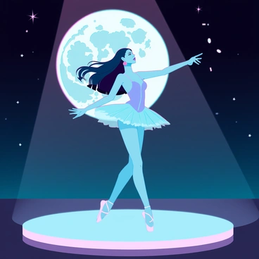 A graceful ballet dancer with an elegant posture is performing on a stage illuminated by the soft, silvery light of a full moon. She has long, flowing hair that moves with her every motion, and is wearing a delicate, shimmering tutu that glistens under the moonlight. The dancer's arms are extended gracefully, capturing the fluidity of her movements. The background features a dark sky dotted with stars, while the full moon casts a gentle glow, creating a magical atmosphere around her.