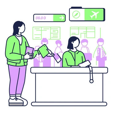 A traveler stands at an airport immigration desk, ready to receive a new stamp in their passport. The traveler has shoulder-length hair and is wearing a comfortable jacket and jeans. In their right hand, they hold a passport, which is open to the page where the stamp will be placed. The immigration officer, seated behind the desk, has a focused expression as they prepare the stamp, which is prominently displayed. Behind them, there are signs indicating various destinations and a digital screen showing flight information. A line of people can be seen waiting in the background, adding to the busy atmosphere of the airport.