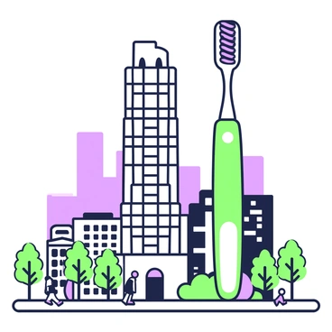 A giant toothbrush is positioned prominently next to a skyscraper in an urban environment. The toothbrush features a large green handle and a bristle head filled with bright purple bristles. The skyscraper is tall and modern, with numerous windows reflecting the sunlight. Surrounding the skyscraper, smaller buildings are visible, creating a bustling cityscape. The sidewalks are lined with trees, and a few people can be seen walking along them. In the background, a skyline extends with more buildings of varying sizes and shapes.