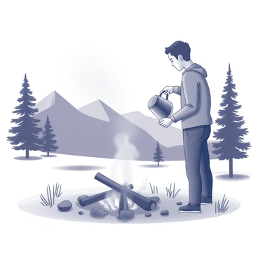 A camper brewing coffee over a campfire with a mountain view