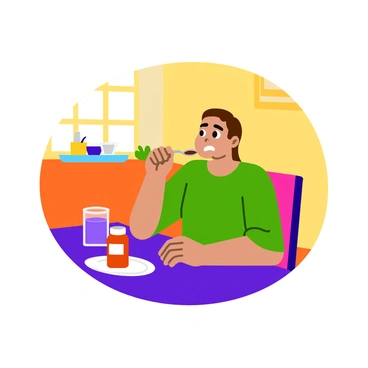 A person sitting at a table with a pained expression on their face as they prepare to swallow a spoonful of bitter medicine. The spoon is shiny and filled with a dark liquid. The patient's eyes are slightly squinted, and their mouth is slightly open, indicating discomfort. A glass of water is placed nearby on the table, alongside a small bottle of the medicine. The background features a cozy kitchen setting with warm-colored walls and a window, allowing light to stream in.