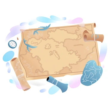 A weathered ancient map is spread out prominently on the cover, displaying intricate details of old coastlines and landmarks. Surrounding the map are various relics, including a compass with ornate designs, a weathered scroll tied with a piece of twine, and an intricately carved stone artifact. The background is filled with soft gradient pastel colors that enhance the vintage look of the scene. Subtle textures give the impression of an aged surface, evoking the essence of history and exploration.