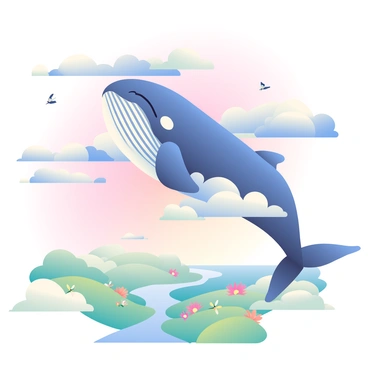 A gigantic whale with shimmering blue and silver skin is soaring gracefully through fluffy white clouds. The sky is painted in soft pastel hues of pink, lavender, and light blue, adding to the dreamlike atmosphere. Below, a landscape of rolling hills is visible, dotted with colorful flowers and a winding river reflecting the colors of the sky. The whale's massive tail fin glimmers as it glides effortlessly, and small birds can be seen flying alongside it, creating a sense of scale. The entire scene is imbued with a tranquil ambiance, inviting viewers to lose themselves in this whimsical vision.