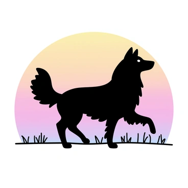 A borzoi with long, flowing fur stands in silhouette at the peak of a hill. The dog is depicted in a poised stance, its elegant form outlined against the sky. The sunset features a gradient of warm colors, transitioning from deep orange to soft pink and purple. The grassy hill slopes gently downwards, adding a sense of depth to the scene. The overall composition highlights the contrasting shapes of the borzoi and the colorful sky.
