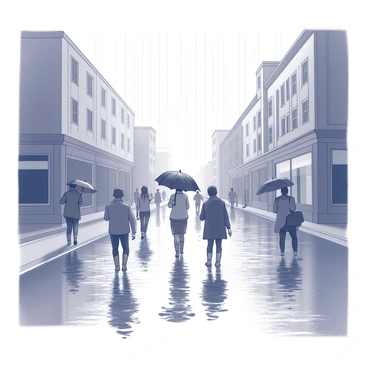 A street covered with water, showing the effects of a heavy rainstorm. The surface of the water reflects the buildings on either side. Several people are wading through the water, wearing knee-high boots. Some are carrying umbrellas, while others hold their belongings above the waterline. The rain is visibly falling, creating ripples on the water's surface and adding to the atmosphere of the scene.