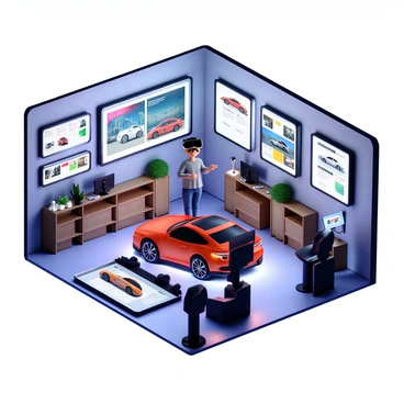 A modern tech-savvy shop interior designed for an interactive virtual reality experience centered around customizing luxury cars. The shop features sleek, minimalist furniture with a high-tech feel. There are multiple large screens displaying various luxury car models. In the center of the room, a user is wearing a virtual reality headset, engaged in customizing a luxury car. Surrounding this area are digital interfaces and tools, showcasing a variety of colors, materials, and features for car customization. The atmosphere is vibrant and high-energy, reflecting cutting-edge technology and innovative design.