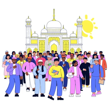 A large congregation of diverse individuals gathered outside an ornate mosque. The mosque features intricate architectural details with decorative patterns on its façade. People of varying ages and backgrounds are dressed in traditional clothing, some holding prayer mats. The atmosphere is filled with a sense of unity and anticipation as they prepare for Eid prayers. The sun casts warm light on the scene, highlighting the mosque's domes and minarets in the background.