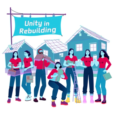 A group of diverse neighbors, including individuals of various ages and ethnicities, are collaboratively rebuilding homes in a neighborhood that shows signs of recent damage. Each person is engaged in a specific task, such as hammering wooden planks, carrying bricks, or painting walls. The scene is filled with tools, scaffolding, and materials for construction scattered around. In the background, partially destroyed houses stand alongside those being repaired, symbolizing resilience. The sky is clear, and the sun is shining brightly, illuminating the determination on the faces of the neighbors. They are sharing tools and resources, displaying expressions of encouragement and teamwork. A large banner with the words “Unity in Rebuilding” hangs prominently, further emphasizing the community spirit among them.