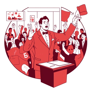 An auctioneer in a red suit is energetically pointing with his right hand while holding a white gavel in his left hand. He is standing at a raised podium, surrounded by a crowd of bidders who are raising their paddles in excitement. The auction room is filled with colorful banners and items that are being auctioned off, adding to the lively atmosphere. The auctioneer's expression is focused and enthusiastic, as he engages with the audience.