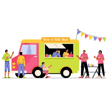 A colorful food truck painted in bright shades of red, green, and yellow is parked at a bustling community event. The truck features a large menu board displaying “Farm-to-Table Meals” in cheerful lettering. People of various ages are gathered around, some waiting in line, while others enjoy their meals at nearby picnic tables. Fresh vegetables and fruits are showcased on the truck’s serving window, indicating the seasonal ingredients used in the meals. There are vibrant decorations, such as flowers and hanging lights, adding a festive atmosphere to the scene.