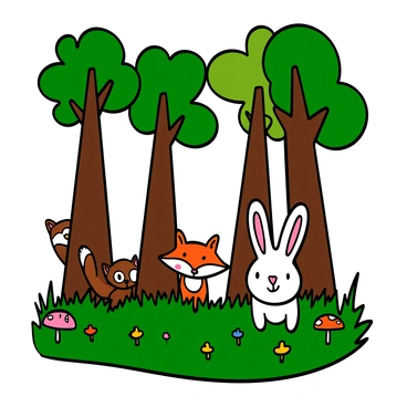 A whimsical forest scene with tall, leafy trees and dappled sunlight filtering through the branches. Playful animals are peeking from behind the trees, including a small brown squirrel with a bushy tail and bright eyes, a curious fox with a bushy tail and vibrant orange fur, and a fluffy rabbit with big ears and white fur. The ground is covered in green grass and colorful wildflowers, and there are hints of small mushrooms scattered throughout the underbrush. The atmosphere is lively and full of charm.