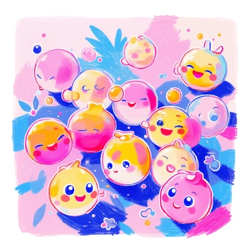 A collection of cute cartoon characters that resemble nipples, each character has a round shape and a smooth surface. Each character features large, expressive eyes that convey playfulness. They are adorned with cheerful smiles, showcasing their friendly nature. The characters are arranged in various poses that suggest movement and interaction, creating a lively scene. Some characters are bouncing, while others are playfully leaning towards one another. The colors of the characters are soft and vibrant, enhancing their overall whimsical appearance.