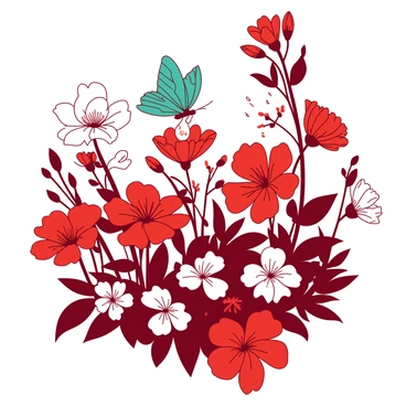 A red flower garden is filled with a variety of blossoms, each unique in shape and size. Among the blooms, delicate petals display intricate patterns that suggest the elegance of a love poem. In the center, a teal butterfly gracefully flutters from one flower to another, as if reading the lines represented by each bloom. The sun casts gentle light over the garden, highlighting the vivid colors of the flowers. A soft breeze causes the flowers to sway slightly, creating a serene scene of nature's beauty intertwined with the essence of love.