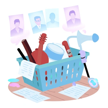 A laundry basket filled with various musical instruments, including a guitar, a set of drums, and a trumpet. The basket is placed on a wooden floor, surrounded by scattered sheet music. A tambourine rests on the edge of the basket, and a microphone stands nearby, ready for the band practice. In the background, there are colorful posters of famous musicians hanging on the wall.