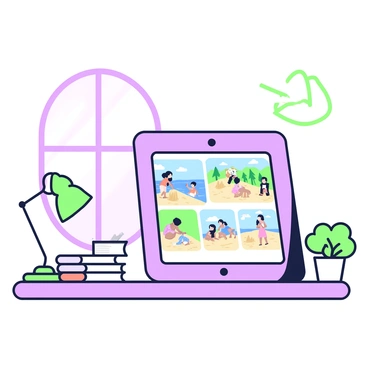 A digital photo frame sits on a wooden desk. The frame displays a series of family vacation images, each transitioning smoothly to the next. Some images depict a beach scene with people building sandcastles and playing in the waves. Other images show a mountain landscape with family members hiking and posing for photos amid trees. The desk is organized, featuring a small green plant in a pot and a stack of notebooks. A soft light source from a nearby window illuminates the scene, creating a warm atmosphere.