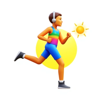 A person wearing a colorful tank top and running shorts is doing high knees. The individual has headphones on, with a focused expression, clearly immersed in the rhythm of the music. Their feet are lifted high, showcasing energetic movement. The background features a bright, open space, suggesting an outdoor environment. The sun is shining, creating a vibrant atmosphere.