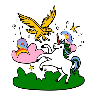 A griffin with golden feathers and sharp claws is soaring through the air, its wings outstretched and powerful. Below, a white unicorn with a shimmering mane stands firmly on the ground, its spiraled horn glowing with a soft light. The magical landscape features vibrant, swirling colors in the sky, and lush greenery surrounds them. The griffin is preparing to dive, while the unicorn is rearing back, ready to charge forward. The tension of their battle for supremacy is palpable, with energy crackling in the air around them.