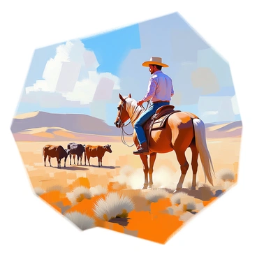 A cowboy with weathered skin and a wide-brimmed hat is riding a brown horse across expansive fields. He is dressed in a plaid shirt, denim jeans, and sturdy boots. The cowboy holds a lasso in one hand while keeping an eye on a small herd of cattle in the distance. The cattle, a mix of brown and black, are grazing peacefully under a bright blue sky with a few fluffy white clouds. In the background, rolling hills and sparse vegetation stretch out, creating a sense of vastness in the Wild West landscape. The sun casts warm light over the scene, enhancing the earthy tones of the environment.